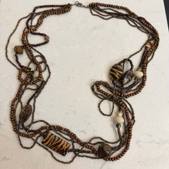 Unknown Jewelry - Multi-Strand Beaded Necklace with Tiger Eye and Wood Beads